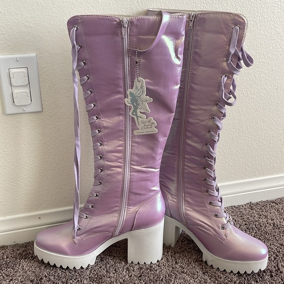 Iridescent Lace Up Knee-High Boots with Chunky Sole - Picture 5 of 9